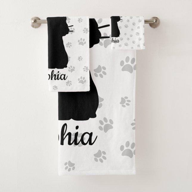 Black Cat Silhouette Pink Butterfly on Tail & Paws Bath Towel Set (Insitu)