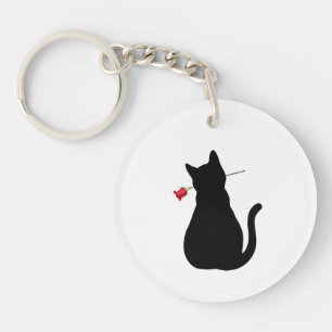 Black Cat Silhouette Red Rose NAME Fun Pet Lover Key Ring