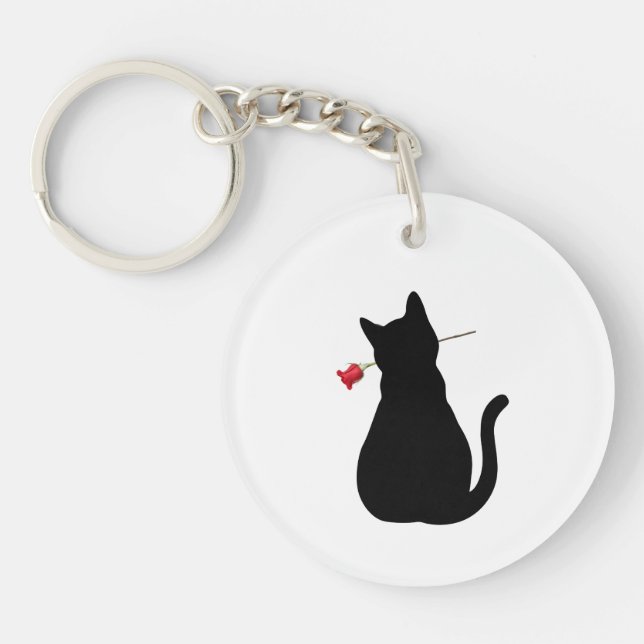Black Cat Silhouette Red Rose NAME Fun Pet Lover Key Ring (Front)
