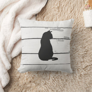 Black Cat Silhouette Shiplap Rustic Cushion