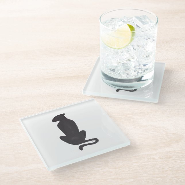 Black Cat Silhouette white glass coaster (Angled)