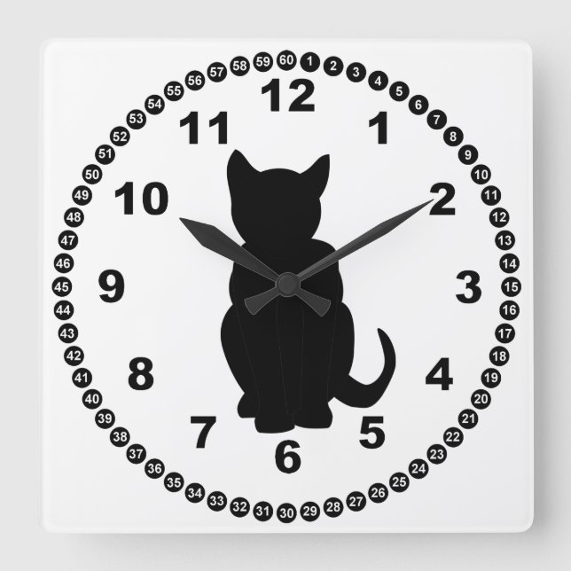 Black Cat Silhouette Witch's Familiar Square Wall Clock (Front)