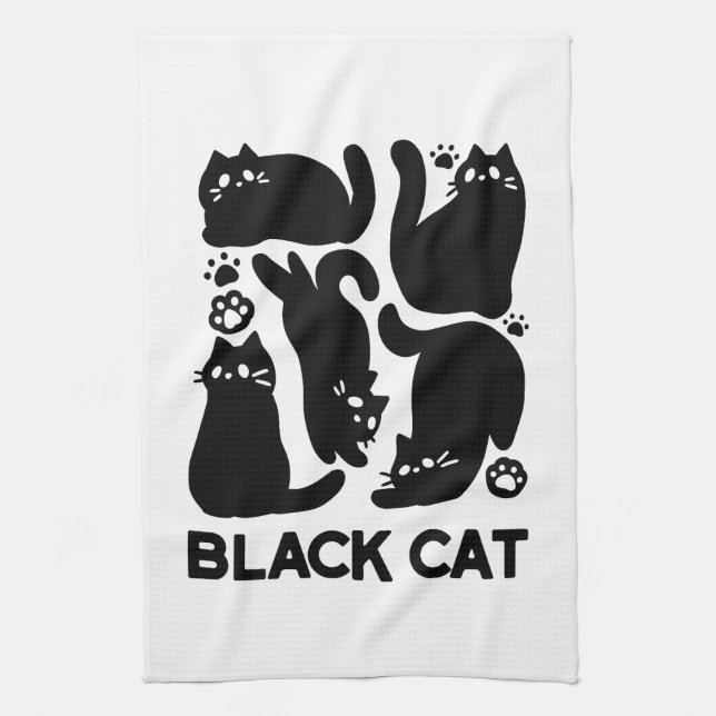 Black Cat Silhouettes - Cute Feline Design Tea Towel (Vertical)
