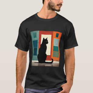 Black Cat sits in front of a artistic picture 1 - T-Shirt
