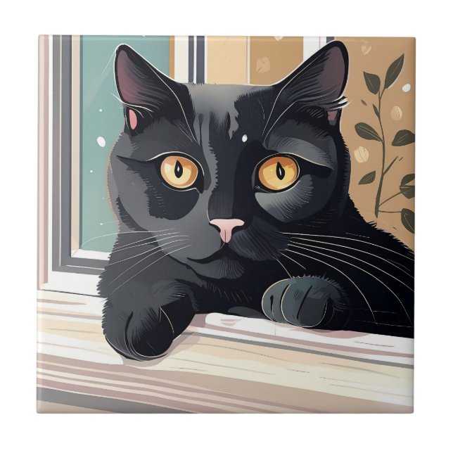 Black cat sitting Art Tile (Front)