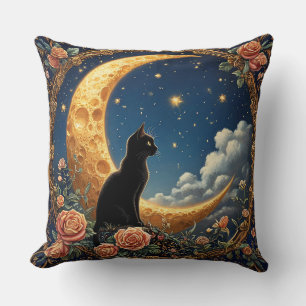 Black Cat Sitting by a Crescent Moon Cushion