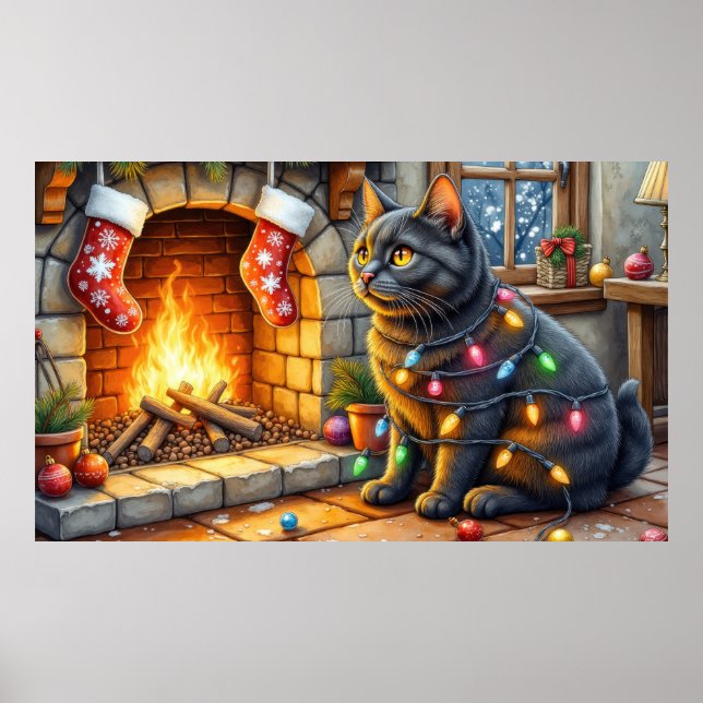 Black Cat Sitting Fireplace with Christmas Lights Poster (Front)