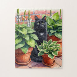 Black Cat Sitting in Hosta Garden  Jigsaw Puzzle