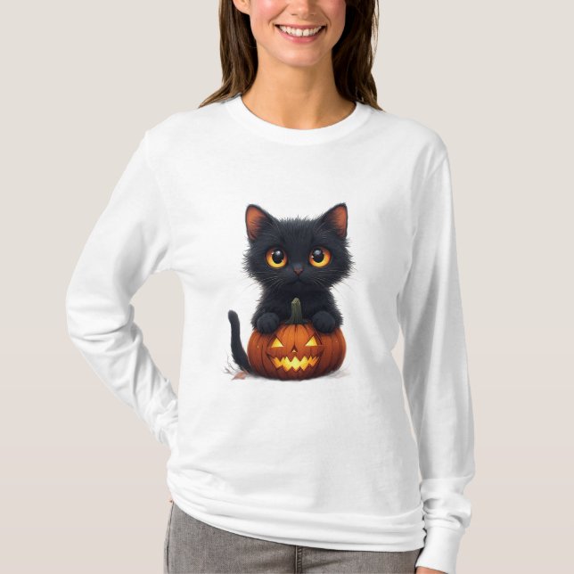 Black Cat Sitting Inside a Pumpkin T-Shirt (Front)