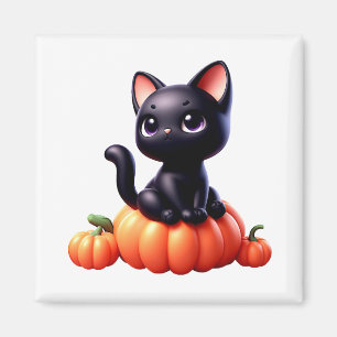 Black cat sitting on a pumpkin magnet
