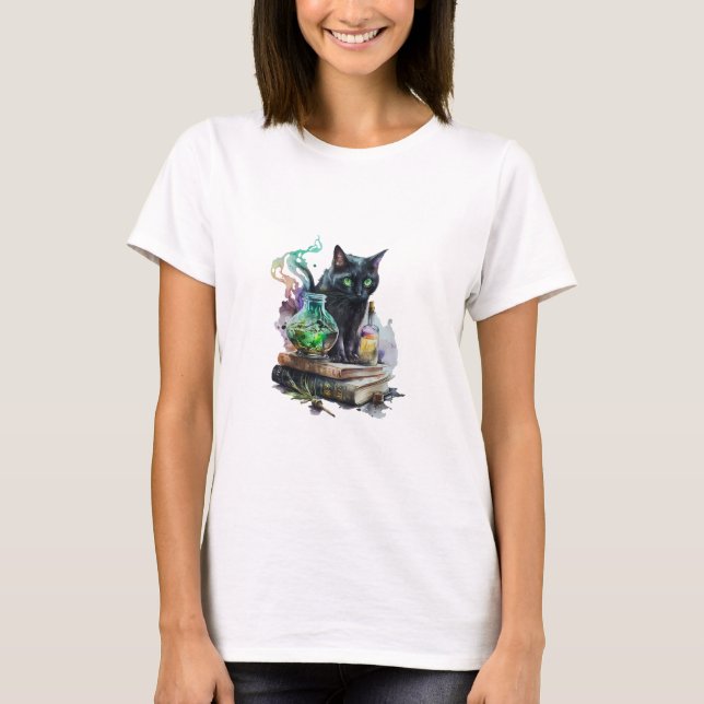 Black Cat Sitting on Books Potions Halloween T-Shirt (Front)