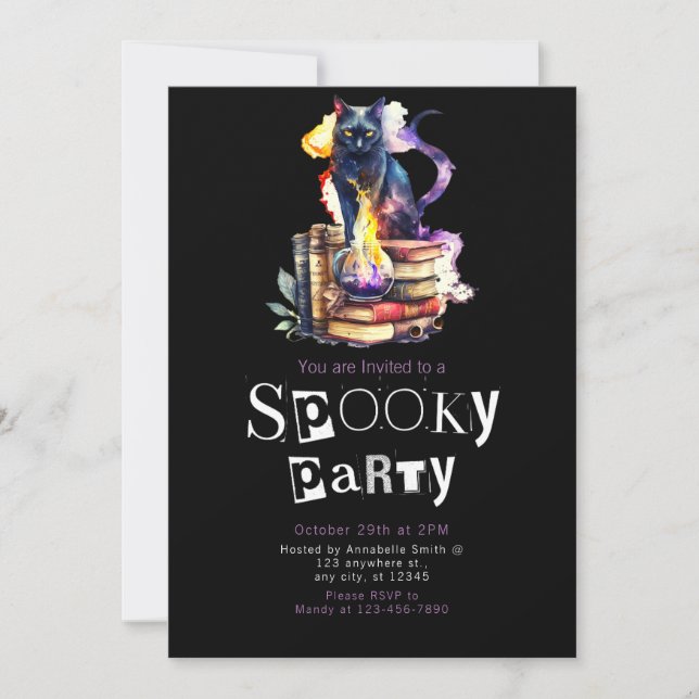 Black Cat Sitting on Books with Portion Halloween Invitation (Front)