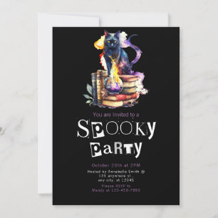 Black Cat Sitting on Books with Portion Halloween Invitation