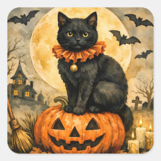 Black Cat Sitting on Halloween Pumpkin Square Sticker