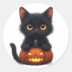 Black Cat Sitting on Pumpkin Classic Round Sticker