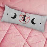 Black Cat Sitting on Red Pentagram Moon Stars Grey
