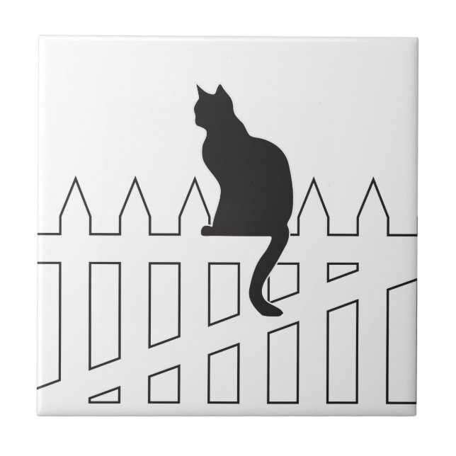 Black Cat Sitting on White Picket Fence Waiting Tile (Front)