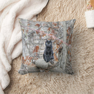 Black Cat Sitting Outdoors Cushion