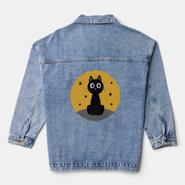 Black cat sitting watching the stars denim jacket (Back)