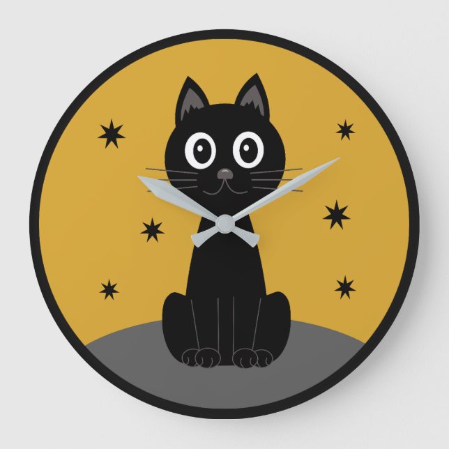 Black cat sitting watching the stars large clock (Front)