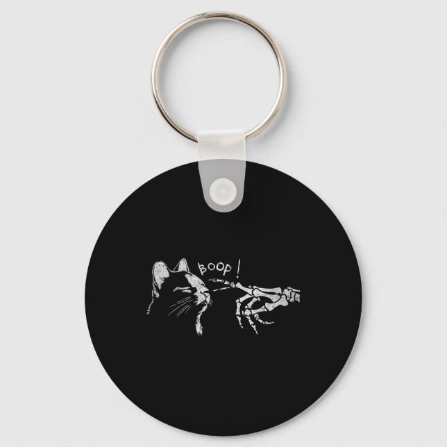 Black Cat Skeleton Hand Boop On A Cat's Nose Funny Key Ring (Front)