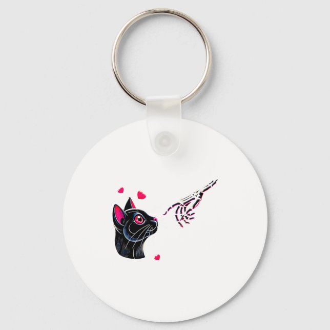 Black Cat Skeleton Hand Boop Valentines Day Pet O  Key Ring (Front)