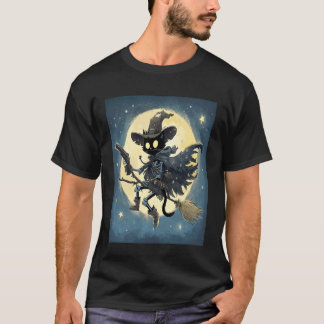 Black Cat Skeleton Wearing Witches Hat Riding Broo T-Shirt