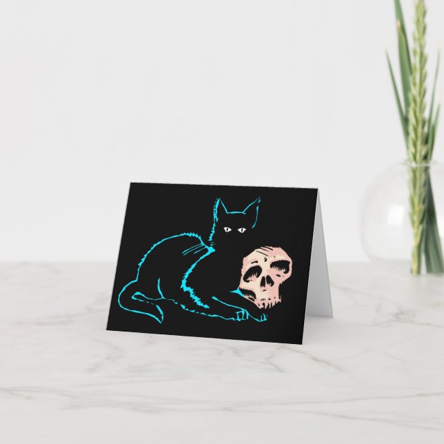 Black Cat & Skull Halloween Blank Card (Front)