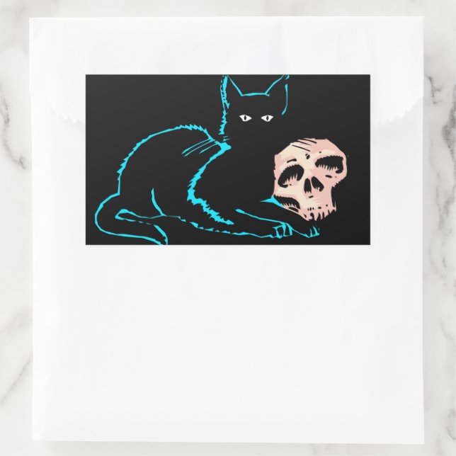 Black Cat & Skull Halloween Blank Card Rectangular Sticker (Bag)