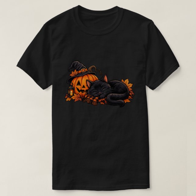 Black Cat Sleeping Beside Pumpkin Halloween T-Shirt (Design Front)