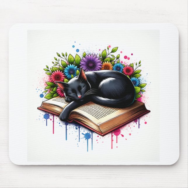 Black Cat Sleeping on Book with Flowers Mouse Pad (Front)