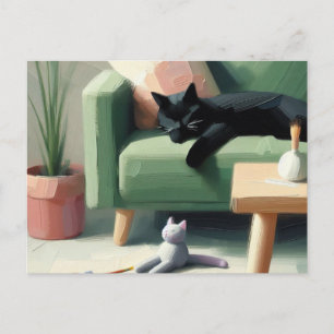 Black Cat Sleeping on Sofa Cat Lovers Postcard