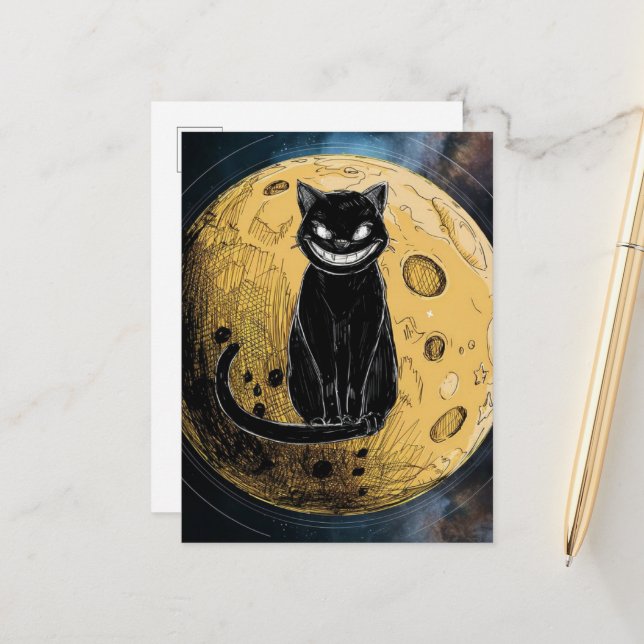Black Cat Smiles on the Moon Postcard (Front/Back In Situ)