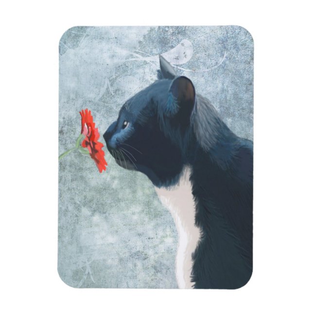 Black Cat Sniffing Flower Magnet (Vertical)