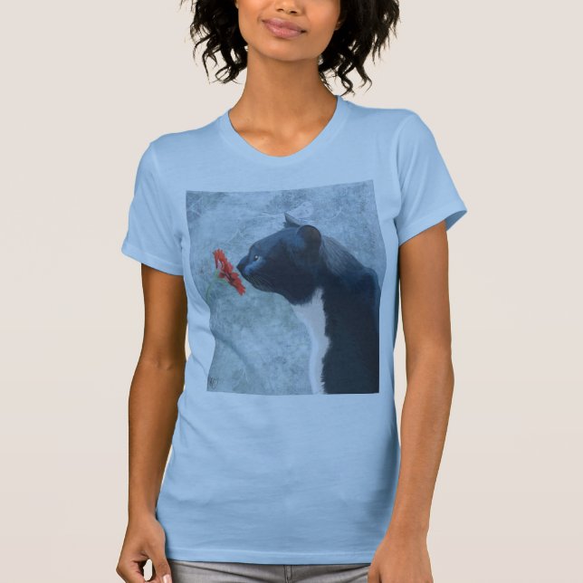 Black Cat Sniffing Flower T-Shirt (Front)