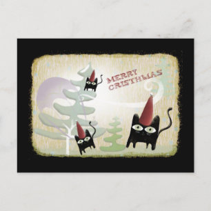 Black cat snow tree wind december cold postcard
