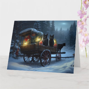 Black Cat Snowy Sleigh Ride Christmas Decor Card