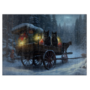 Black Cat Snowy Sleigh Ride Christmas Decor   Cutting Board