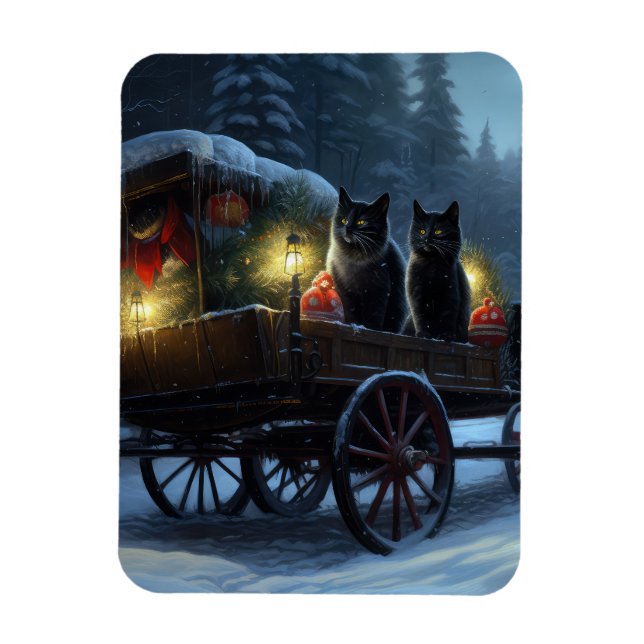 Black Cat Snowy Sleigh Ride Christmas Decor   Magnet (Vertical)
