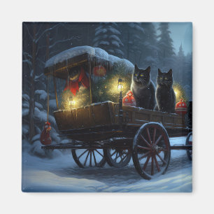 Black Cat Snowy Sleigh Ride Christmas Decor Magnet
