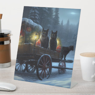 Black Cat Snowy Sleigh Ride Christmas Decor Pedestal Sign