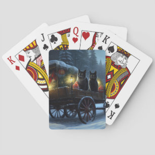 Black Cat Snowy Sleigh Ride Christmas Decor Playing Cards