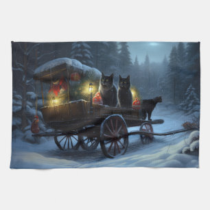 Black Cat Snowy Sleigh Ride Christmas Decor   Tea Towel