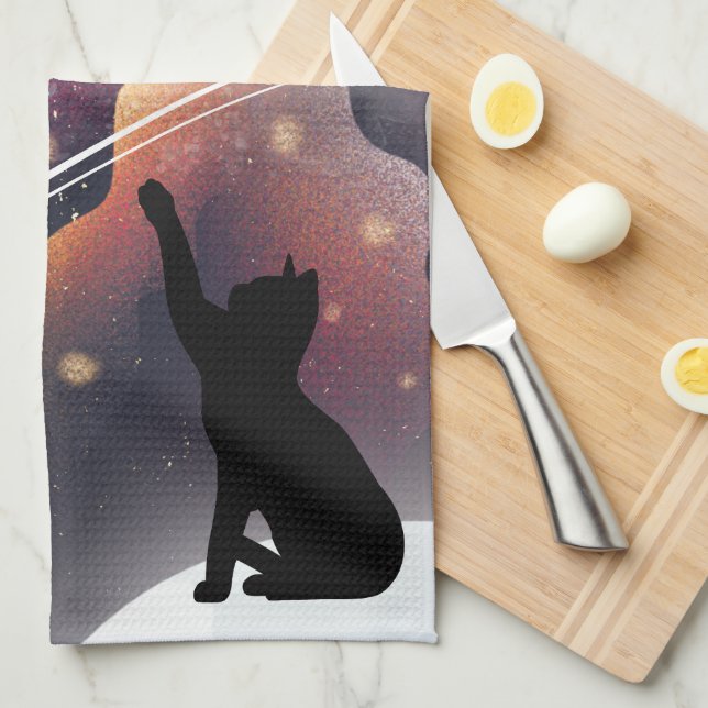 Black Cat Space Shooting Star Tea Towel (Quarter Fold)