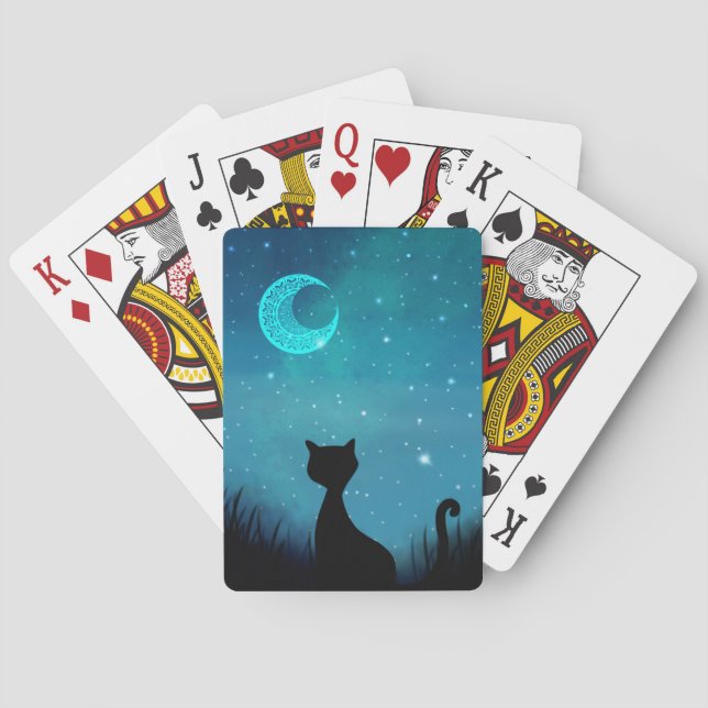 Black cat sparkle night sky modern illustration playing cards (Back)