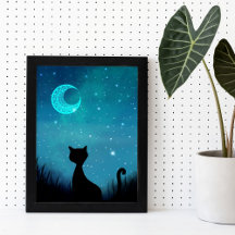 Black cat sparkle starry sky modern illustration