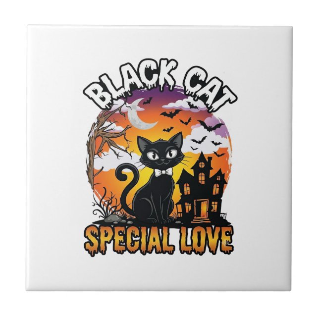 Black Cat Special Love Halloween Haunted House Bat Tile (Front)