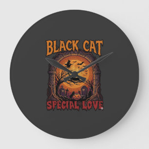 Black Cat Special Love Halloween Moon Witch Pumpki Large Clock