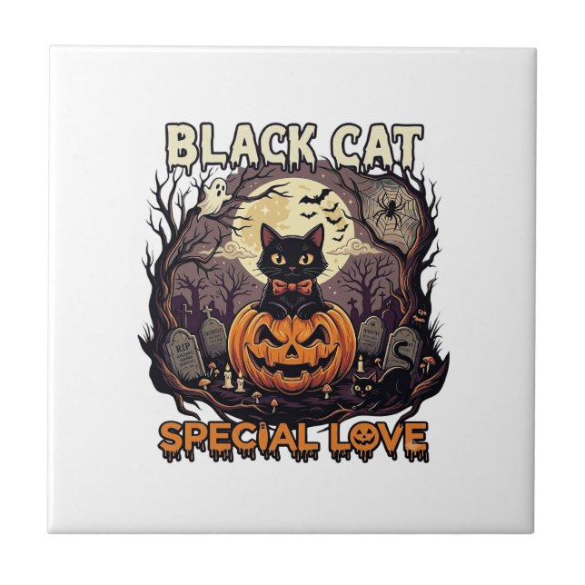 Black Cat Special Love Halloween Pumpkin Full Moon Tile (Front)