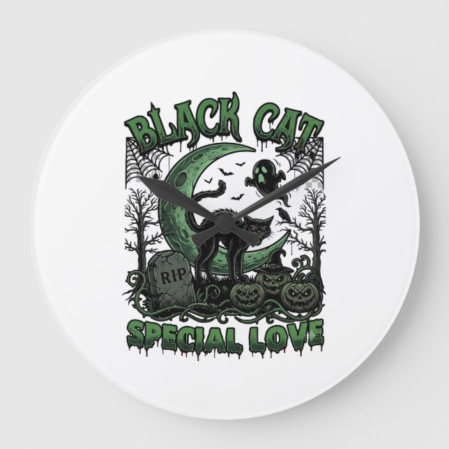 Black Cat Special Love Haloween Crescent Moon Ghos Large Clock (Front)